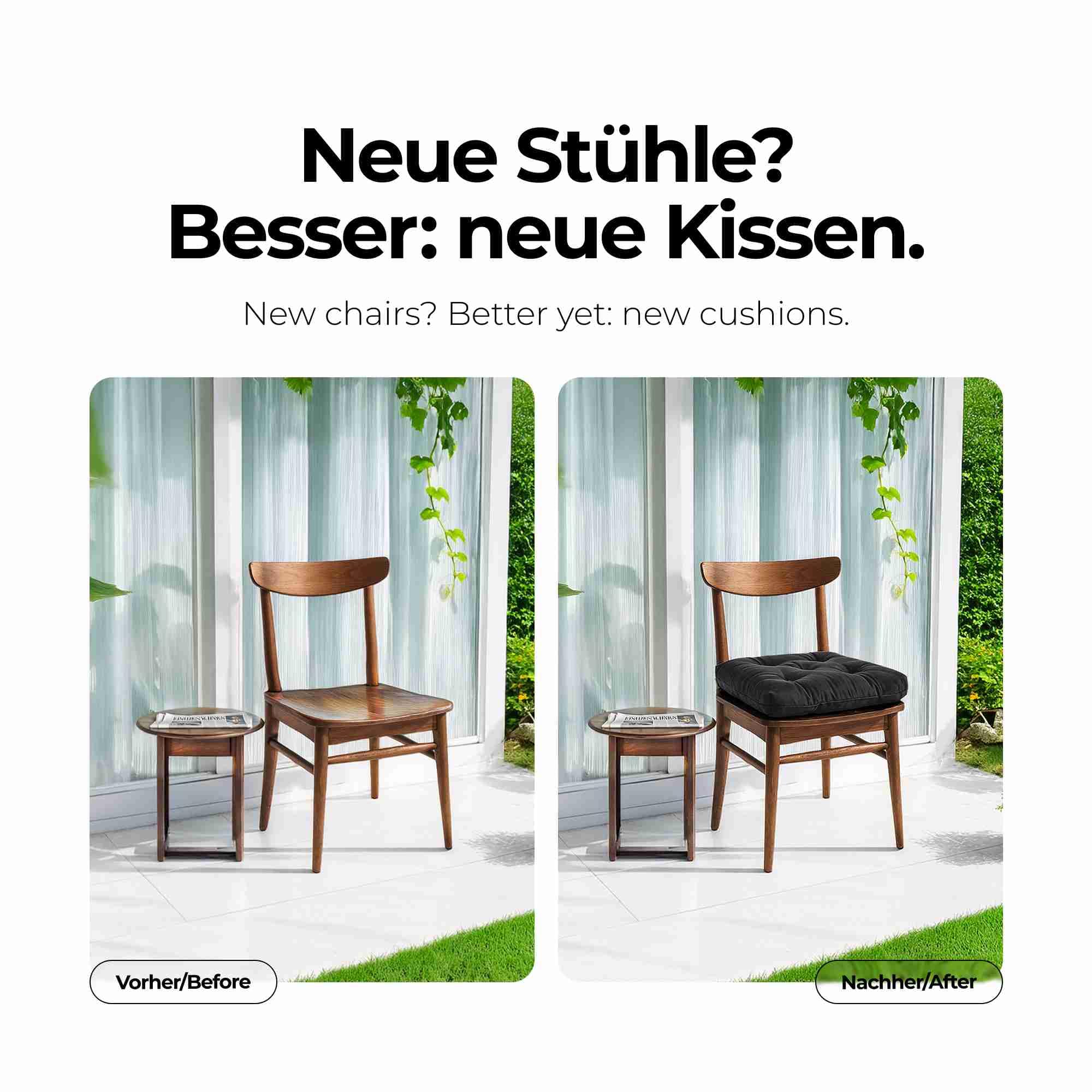etérea Sitzkissen 42x42 cm 4er Set - Anthrazit 8 cm hoch - Bodenkissen für Indoor, Outdoor, Küche, Garten, Auflage - Heidi Stuhlauflage - 4 Stück Stuhlkissen 40x40 cm Anthrazit