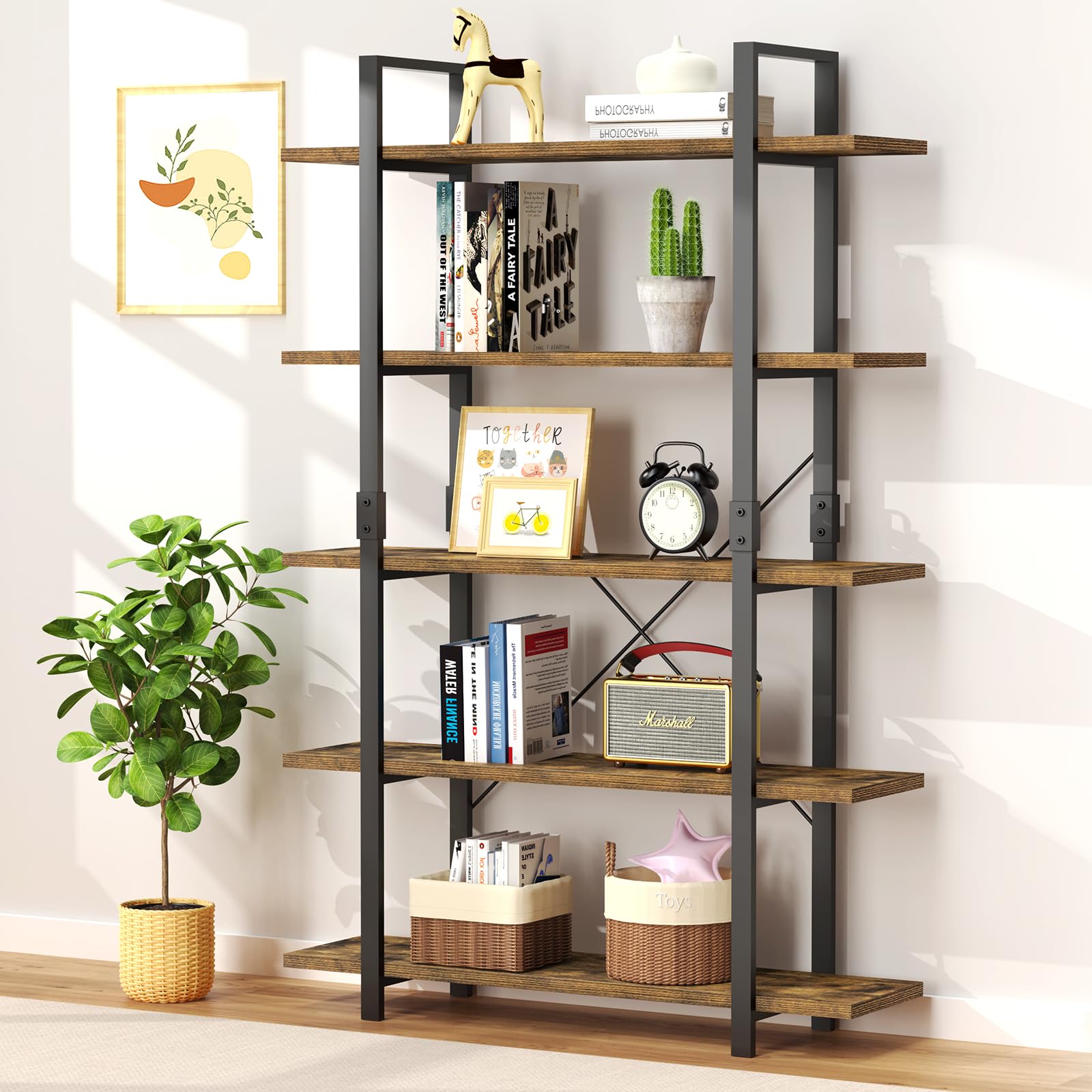 FRAPOW 5 Tier Bookshelf, 70 inch Tall Solid Bookcase Industrial Wooden Bookshelves Large Wall Etagere Rustic Vintage Book Shelf with Metal Frame Open