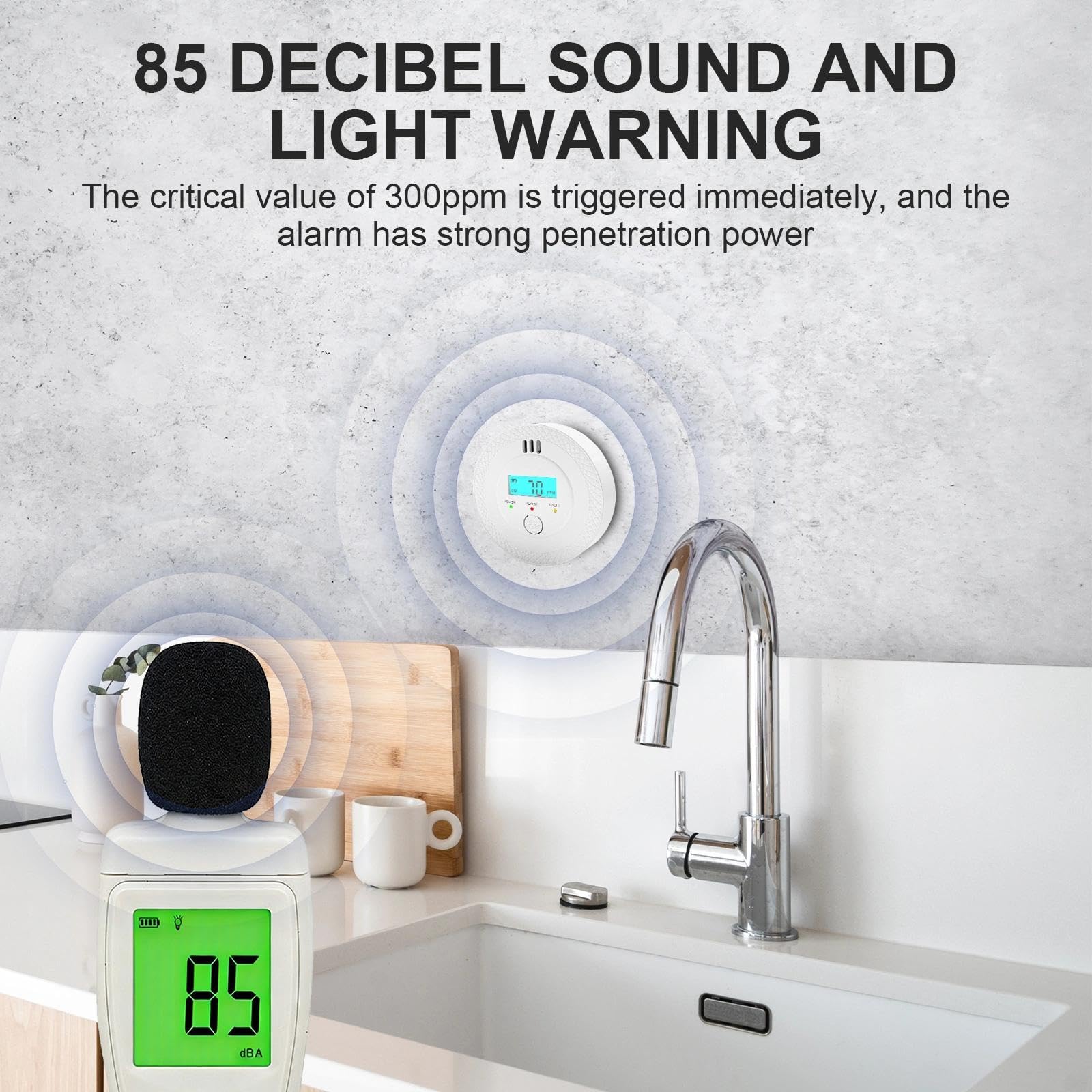 Detector de Monóxido de Carbono, Alarma 85dB, Detector CO con Pantalla LCD, Sensor Electroquímico, Batería, Cumple UL2034, para Hogar/Cocina/Viajes