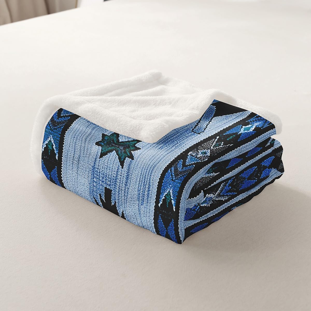 Feelyou Blue Southwestern Fleece Throw Blanket Throw 50"x60" Geometric Plush Blanket for Bed Sofa Couch Tribal Exotic Style Native American Indian Design Sherpa Blanket Stripe Line Fuzzy Blanket