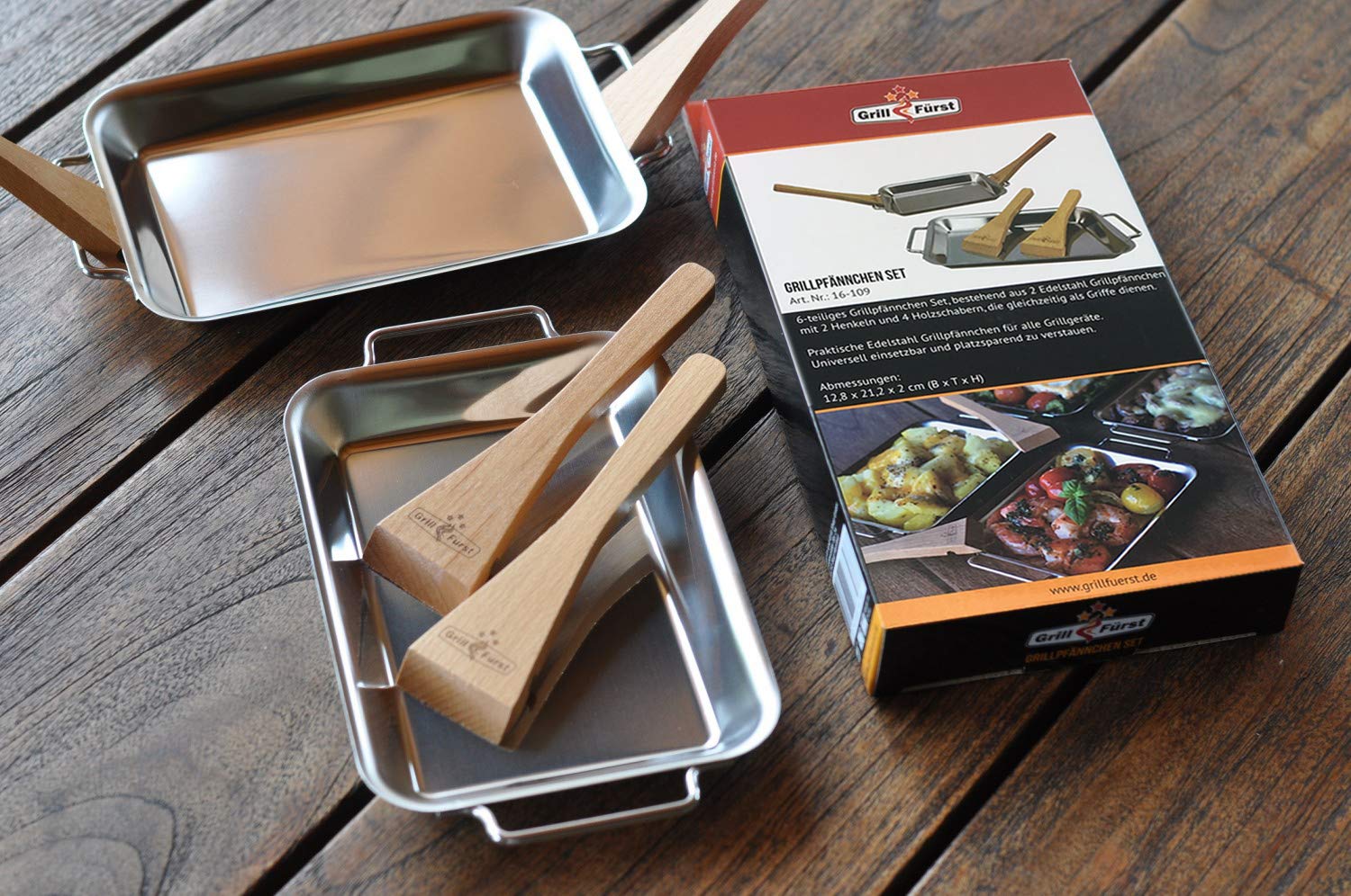 Grillfürst 2 x Grillpfännchen Set Edelstahl Doppelgriff Schabern BBQ Grillschale 21x12,5 cm