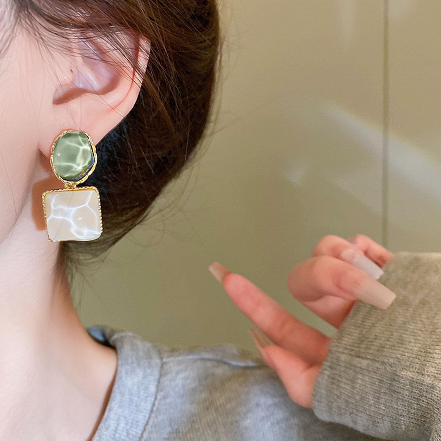 Green Geometric Statement Earrings for Women Unique Dangle Earrings Large Drop Earrings Gold Stud Earring Prom Jewelry for Women - Image 2