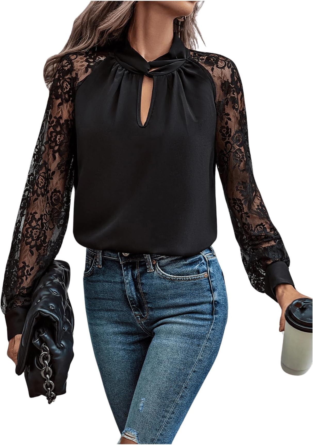– GORGLITTER Women's Keyhole Neck Twist Knot Elegant Blouses Lace Sheer Long Sleeve Ruched Shirts Going Out Tops