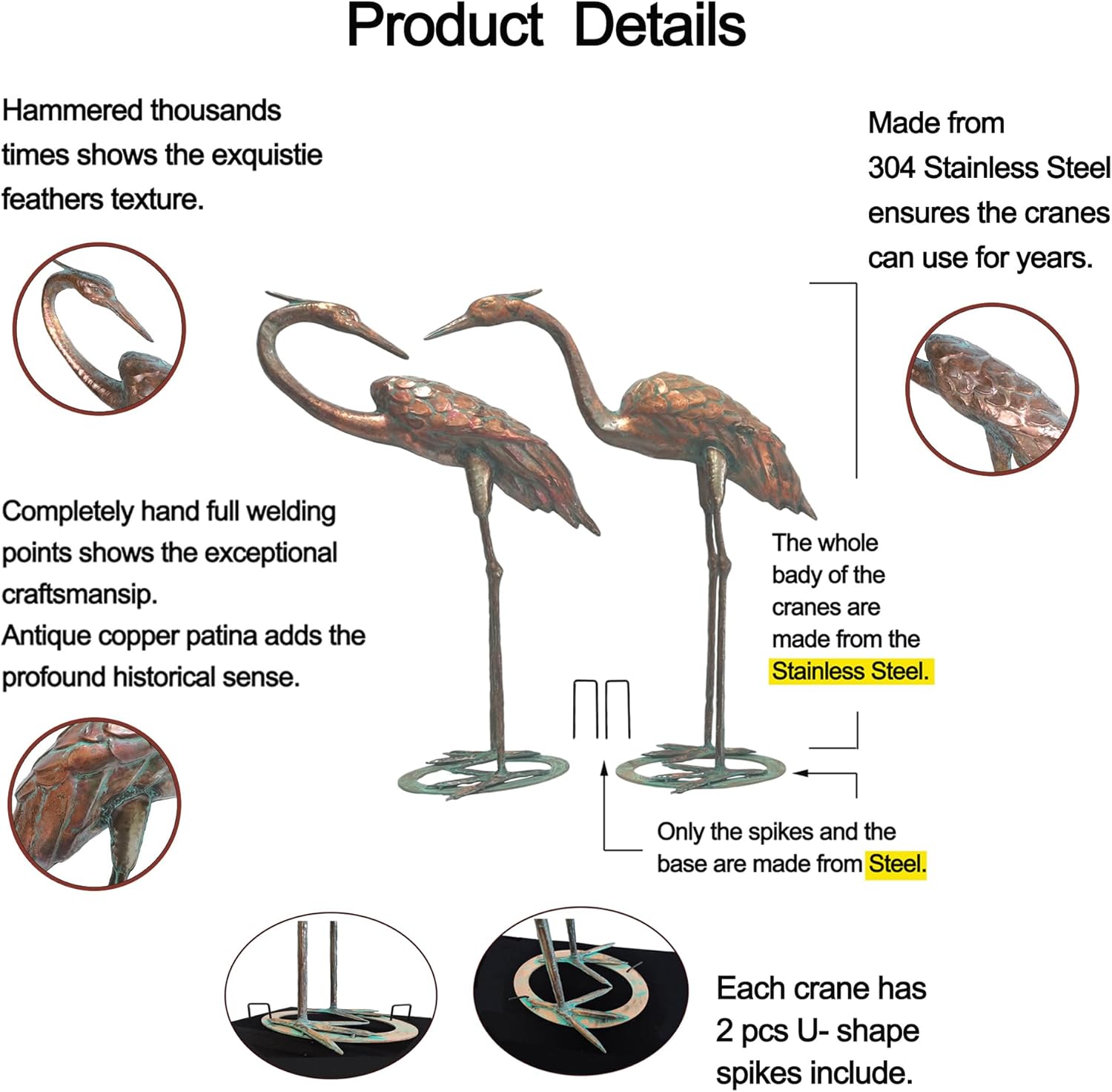 Metal Crane Garden Statues for Outdoor, Stainless Steel Antique Patina Standing Blue Heron Decoy, Large Sandhill Cranes Sculptures for Yard and Garden, Bird Yard Art for Patio Lawn Backyard Pond