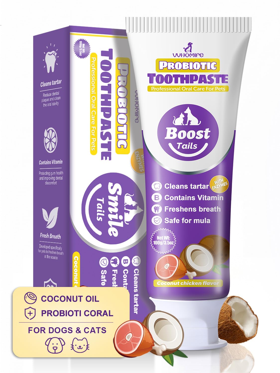 Natural Coconut Oil Cat & Dog Toothpaste.Enzymatic & Probiotic Formula with VitaminB. Gently Reduces Plaque, Tartar & Bad Breath. SGS Certified – Passed 43 Safety Tests. 3.52oz–Coconut Chicken Flavor