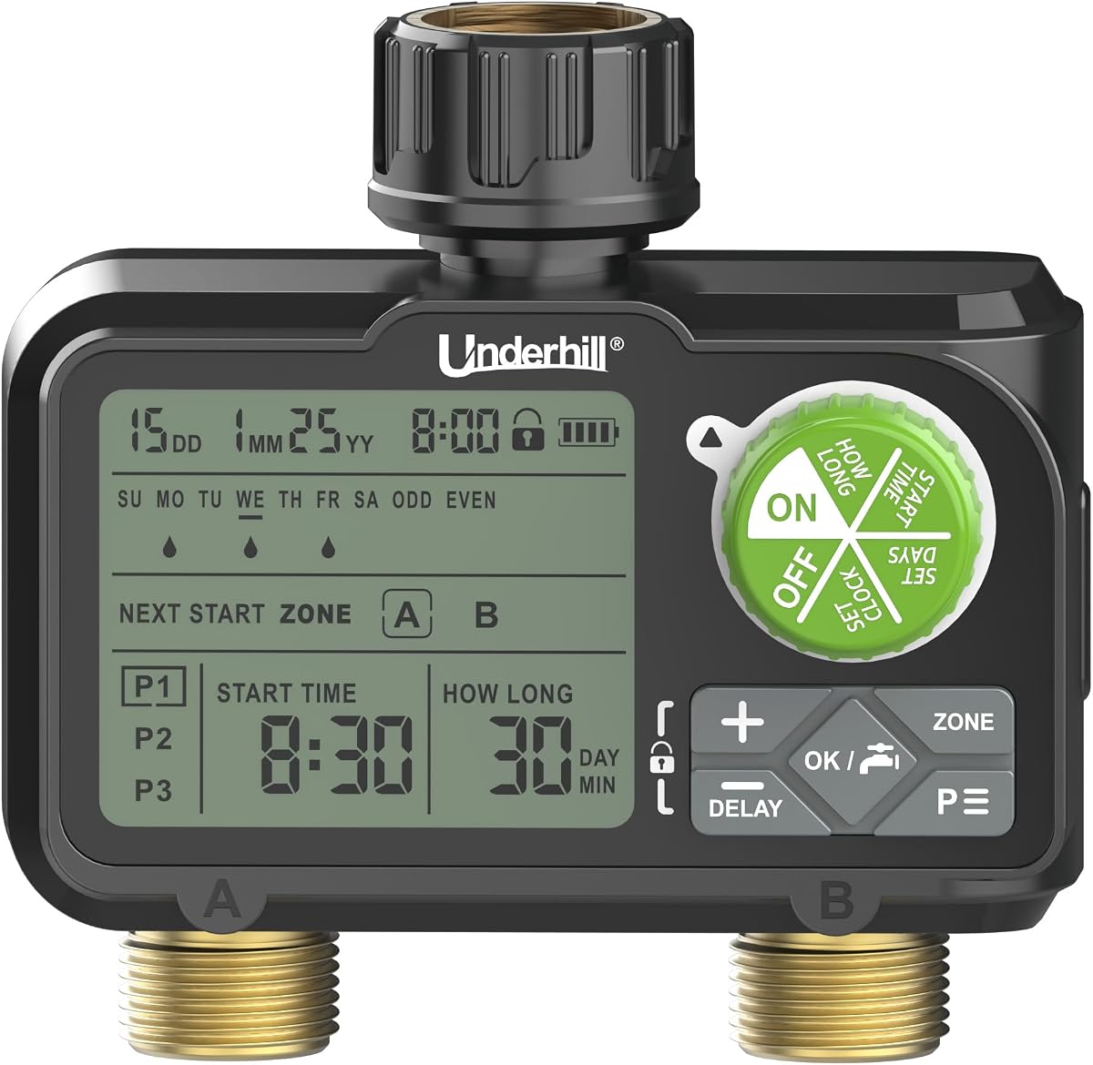 AquaVision Digital Hose Timer, Dual Zone Automatic Garden Water Timer with LCD Display, Programmable Irrigation Controller for Sprinklers, Drip Systems & Garden Hose Faucets