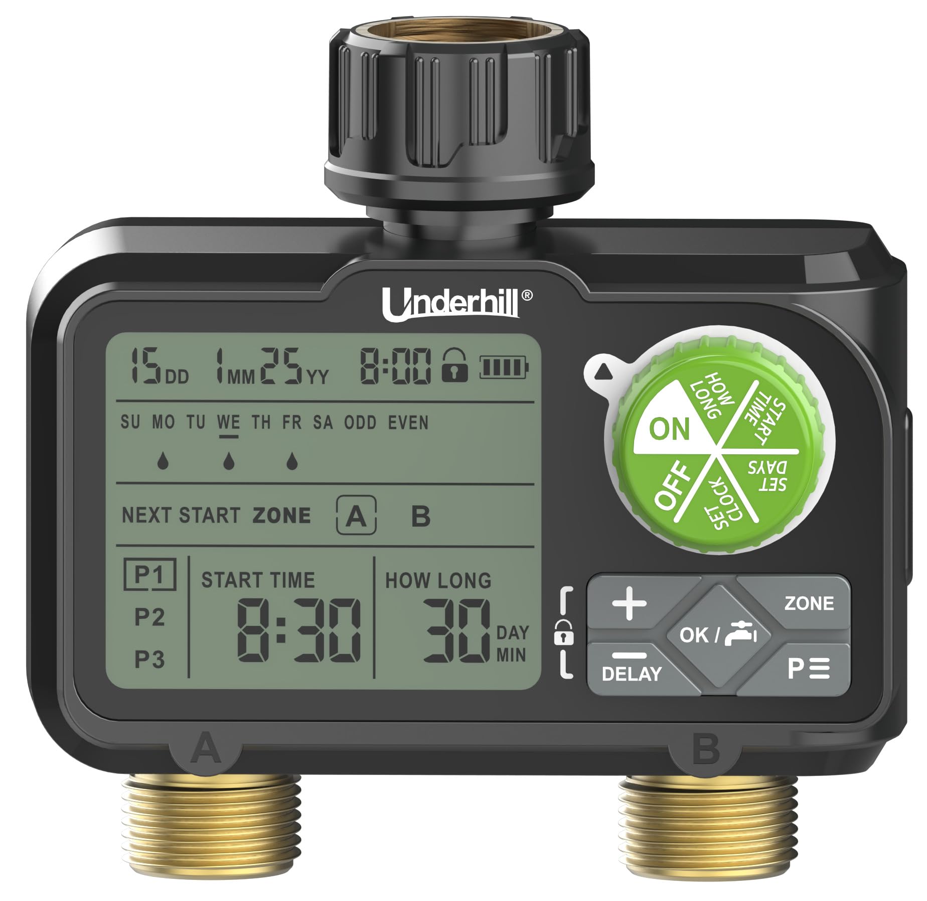 Underhill Aquavision - Timer digitale per irrigazione a zona singola o doppia, timer per irrigazione rubinetto esterno facile (timer digitale a doppia zona)