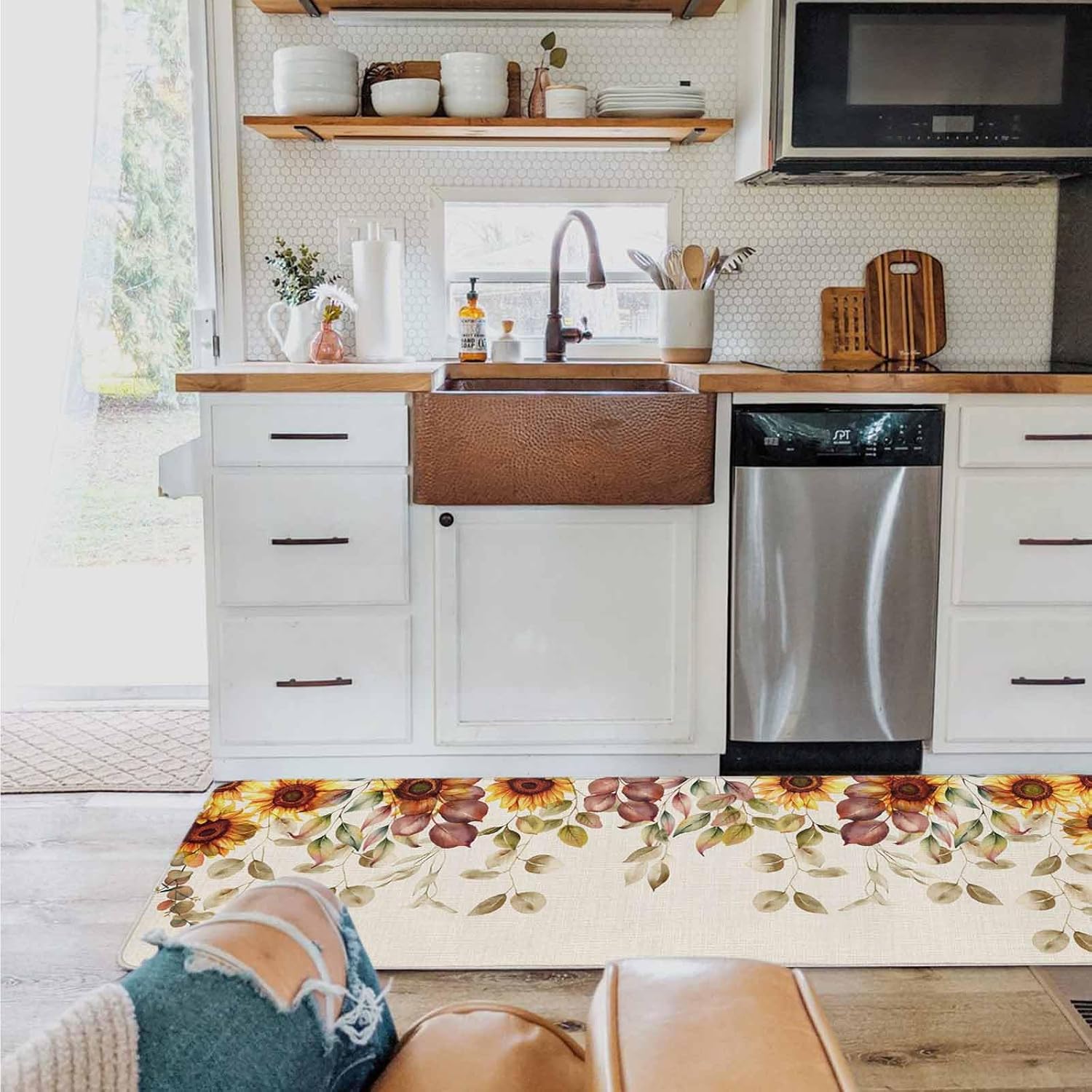 2 Pieces Kitchen Mats Floor Area Rug Set Aesthetic Pink Teal Ombre Non-Slip Doormat, Indoor Water Absorbent Standing Runner Rugs for Home Decor Abstract Colored Gradient