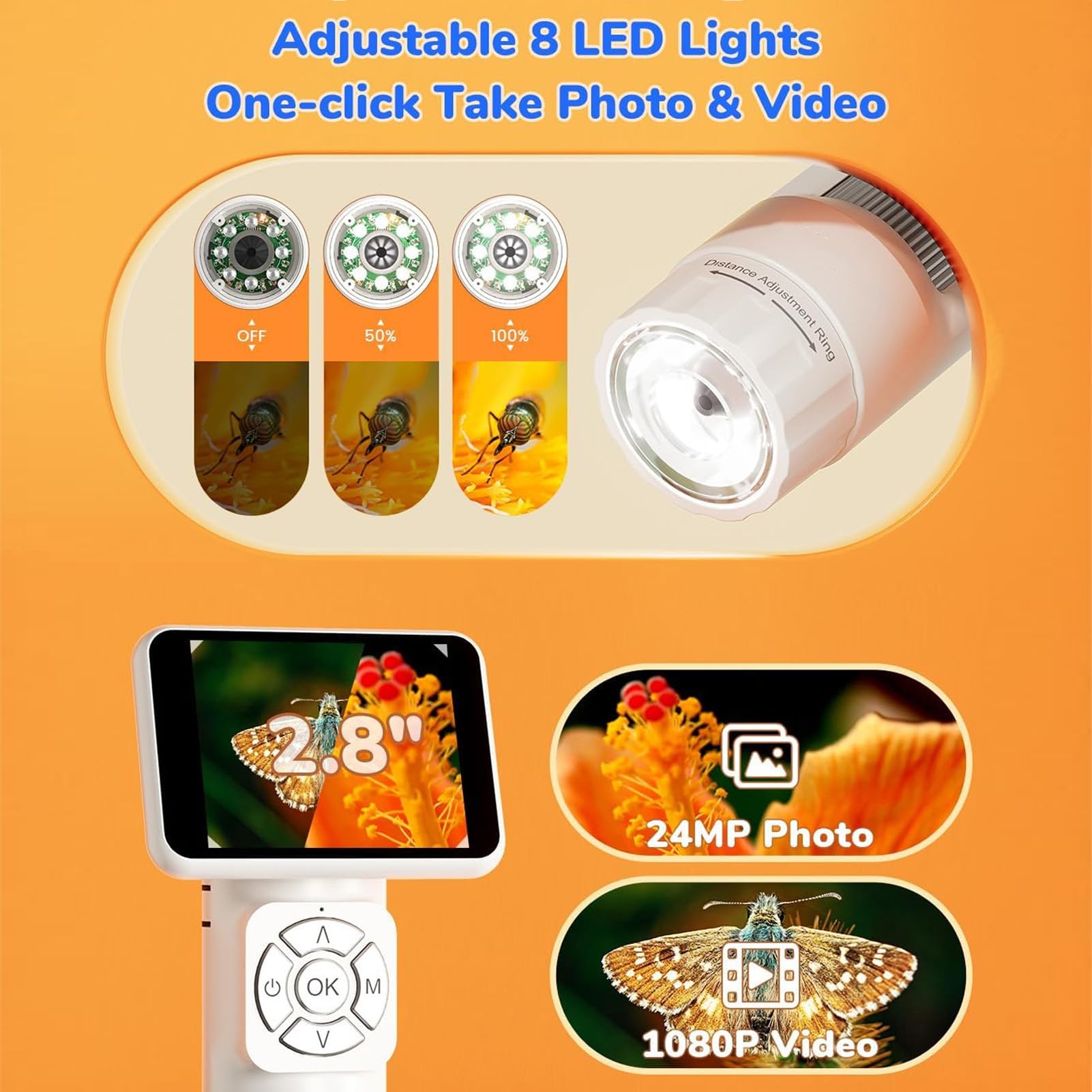 YWBL-WH Microscopio de Mano de 2,8 Pulgadas con Luz LED, Lupa Digital de Bolsillo para Joyeros, Vista para PC