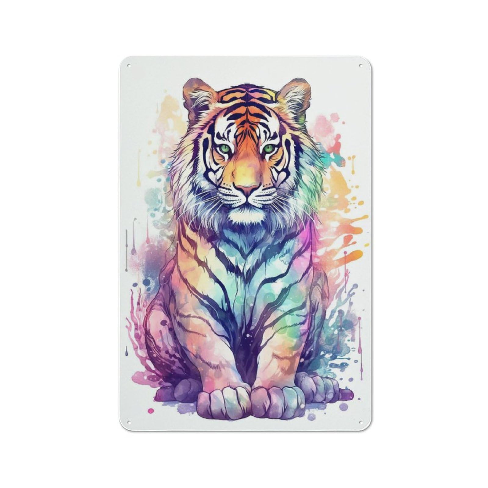 Decorative Metal Plaque with Watercolor Tiger Painting Design 30x20cm, Modern Retro Studio Wall Art for Workspace, Cafe, Hallway Or Garage