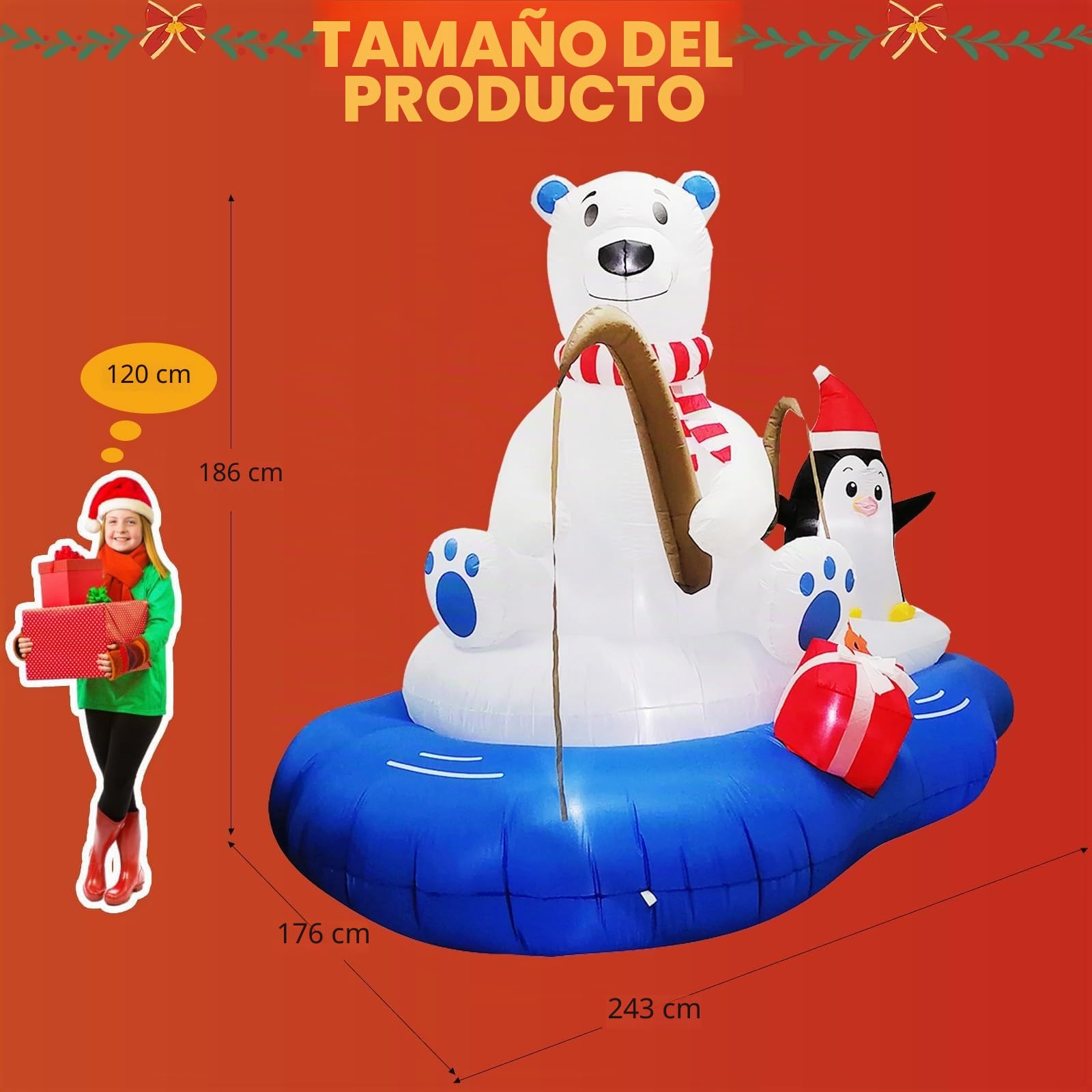 6FT (180CM) Inflables navideños de Oso Polar pescando con pingüino, inflables navideños de Oso Polar y pingüino para Decoraciones navideñas al Aire Libre en el Patio