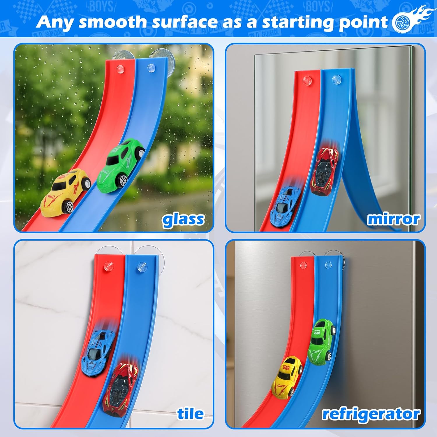 Flexible Race Track for Kids, Car Track Set for Hot Wheels Cars with Adhesive Pads, 2 Pull-Back Cars, 2 Alloy Racers & Bendable Car Ramp for Toddlers, Easy Storage, Indoor Ramp Fun for Ages 3–8