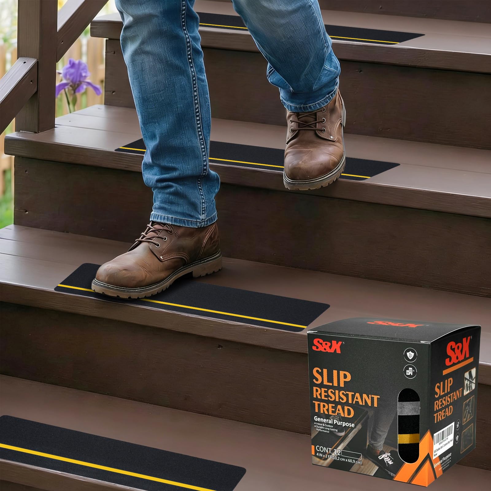 S&X - Alfombrilla antideslizante para escaleras (10 x 61 cm, 12 unidades), cinta antideslizante precortada impermeable para todas las superficies resbaladizas, cinta adhesiva antideslizante resistente