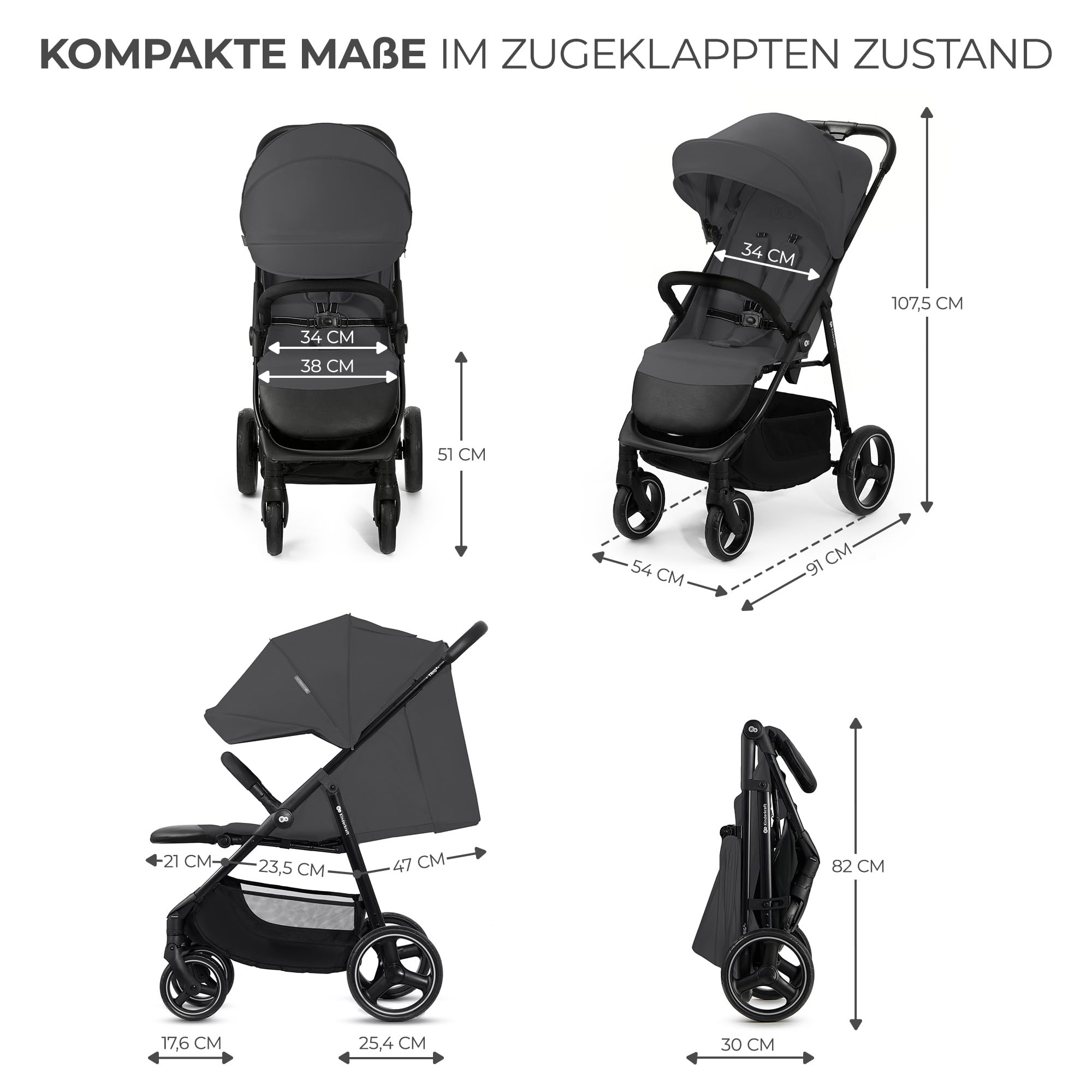 Kinderkraft TRIG 3 Kinderwagen, Liegewagen, Sportwagen, bis 25 kg, Grau