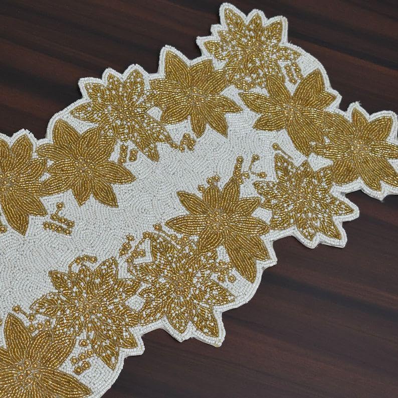 Image of Beaded Table Runner Cream Gold Elegant Handcrafted Decor Pack of 1 | 13 x 36 Inches | Perfect for Dining, Coffee Tables, Festive Celebrations, Weddings, Home & Office Decoration