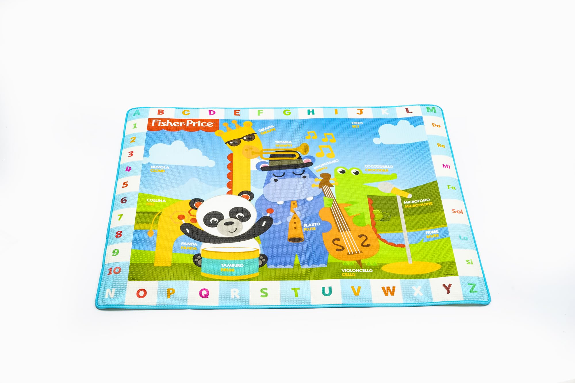 ODS - Fisher Price, Tappeto da Gioco Bambini 150 x 120 cm, Tappetone Morbido Educativo con Disegni, Alfabeto, Numeri e Note Musicali, Spessore 7 mm