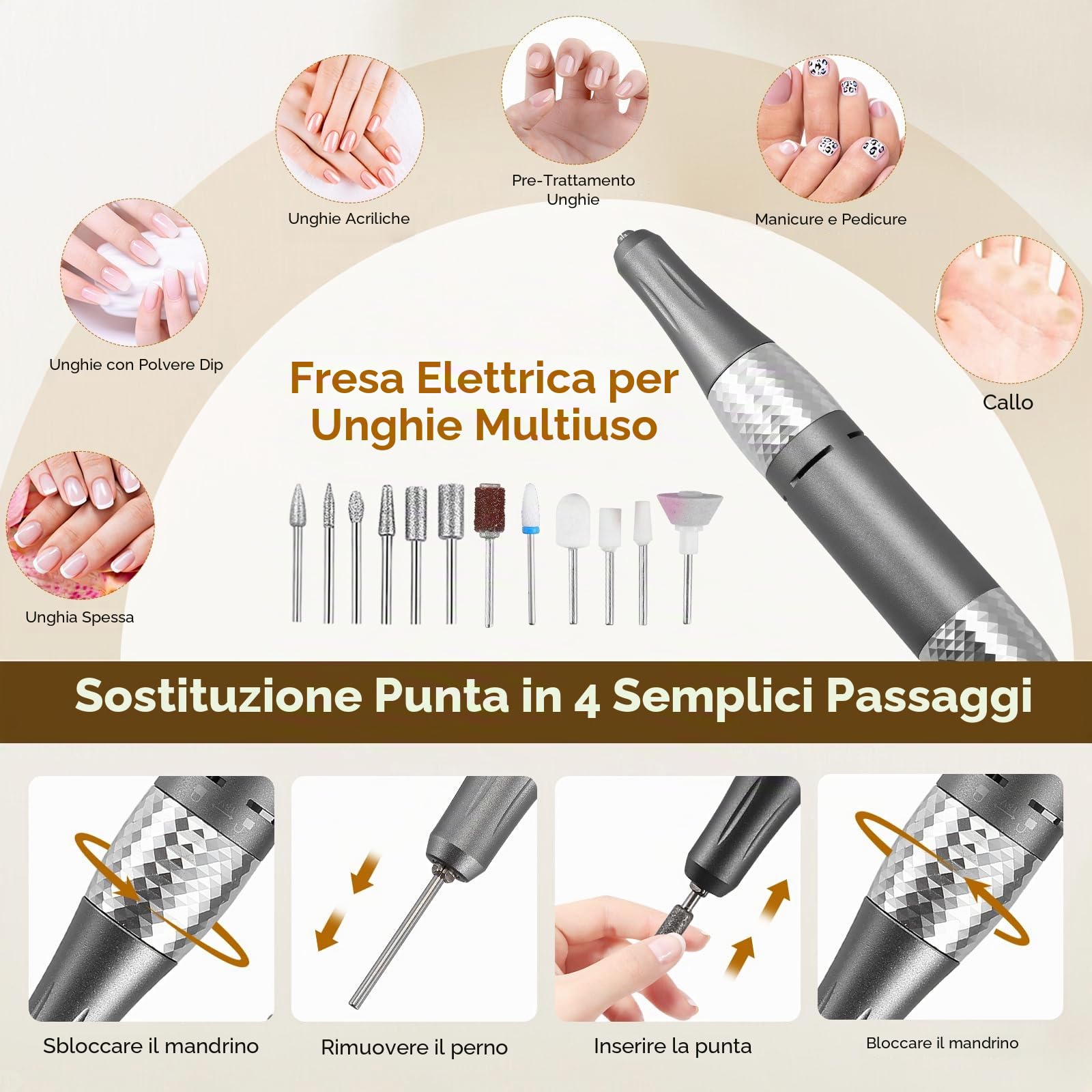 Ponceuse pour Ongles Professionnelle, elettrico per la cura delle unghie con 3 lime per unghie, 11 punte, 56 nastri abrasivi, luce LED, 45.000 RPM per unghie acriliche gel lucidante rimozione manicure