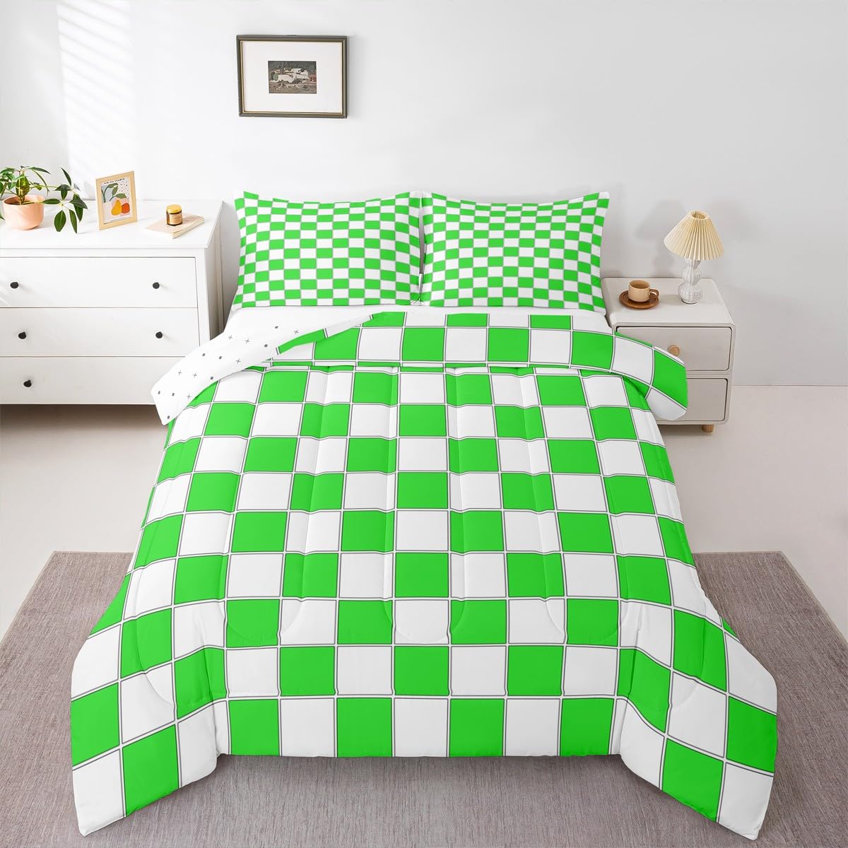 Erosebridal Lime Green Checkered Kids Comforter Set Buffalo Plaid Grid King Bedding Set for Boys Teen Geometric Gingham Comforter,Modern Fashion Quilt Duvet 3 Pcs