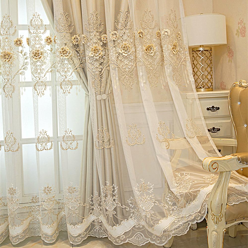 Amidoudou 1 paire de rideaux européens double couche pour salon, chambre à coucher, motif floral 3D brodé double couche avec cantonnière (kaki, 167 x 213 cm)