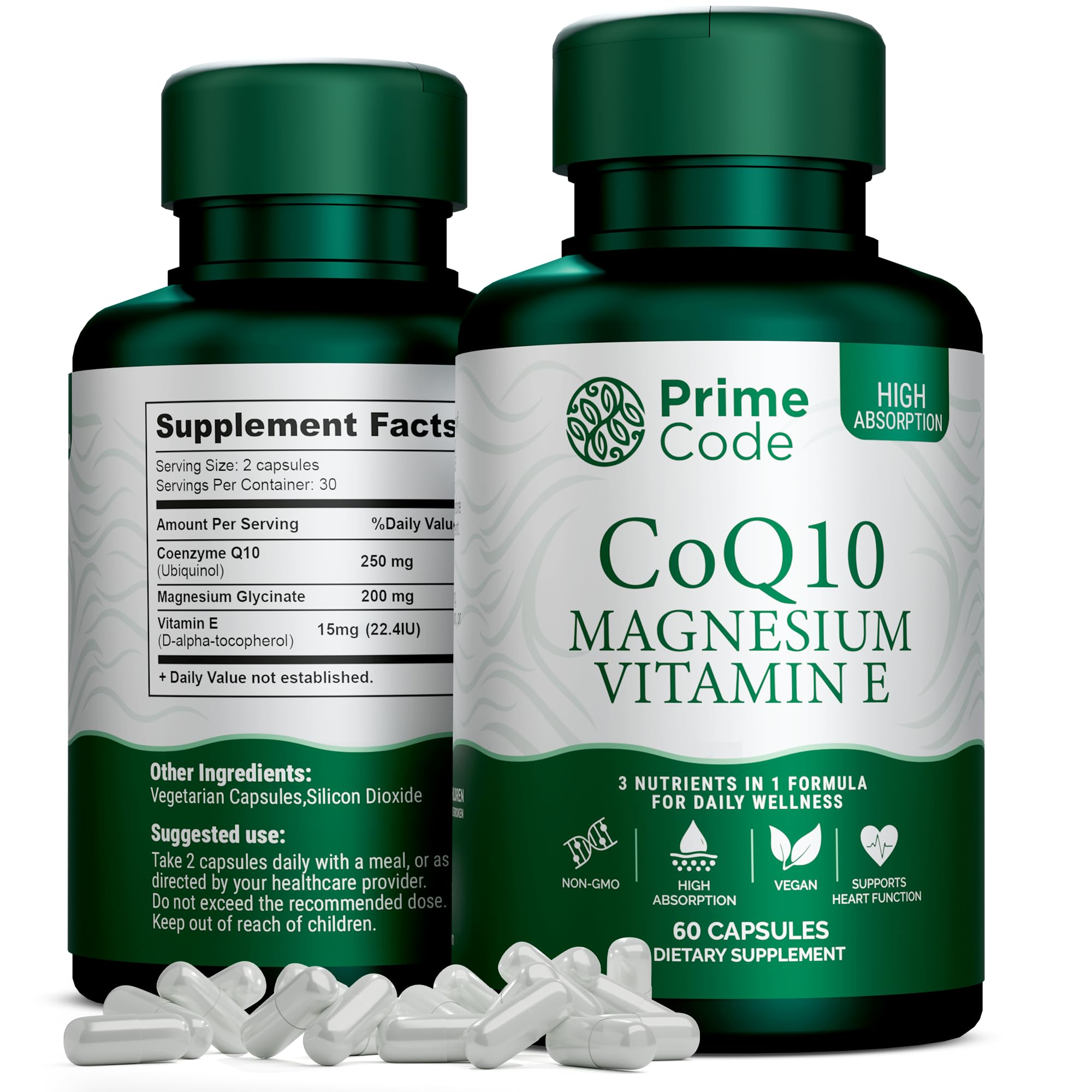 Prime Code [ 3 𝐢𝐧 𝟏] CoQ10 250mg with Magnesium Glycinate and Vitamin E | CoQ10 Capsules 250mg | Magnesium Glycinate 200mg | Vitamin E 15mg | Non-GMO | Gluten & Soy Free | Vegan