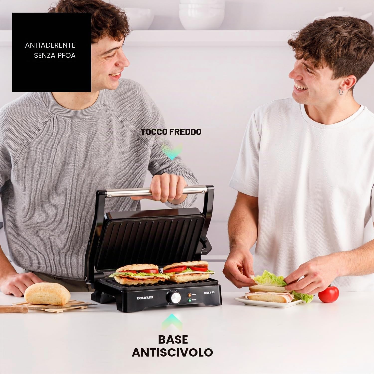 Taurus - Grill Elettrico Grill&Co GR1500X | 1500W | Piastre Antiaderenti 27,5x17,3cm | Coperchio Basculante 180º | Termostato Regolabile | Base Antiscivolo | Vaschetta Raccogligocce