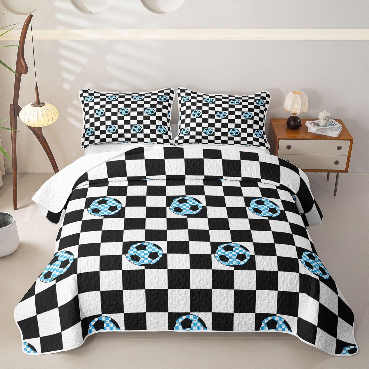 Erosebridal Plaid Breathable Quilt Queen Size Soccer Soft Cozy Quilt Set Gingham Cartoon Football Chessboard Quilted Bedspread Ball Sports Theme Soccer Blue Coverlet for Kids Boys Girls