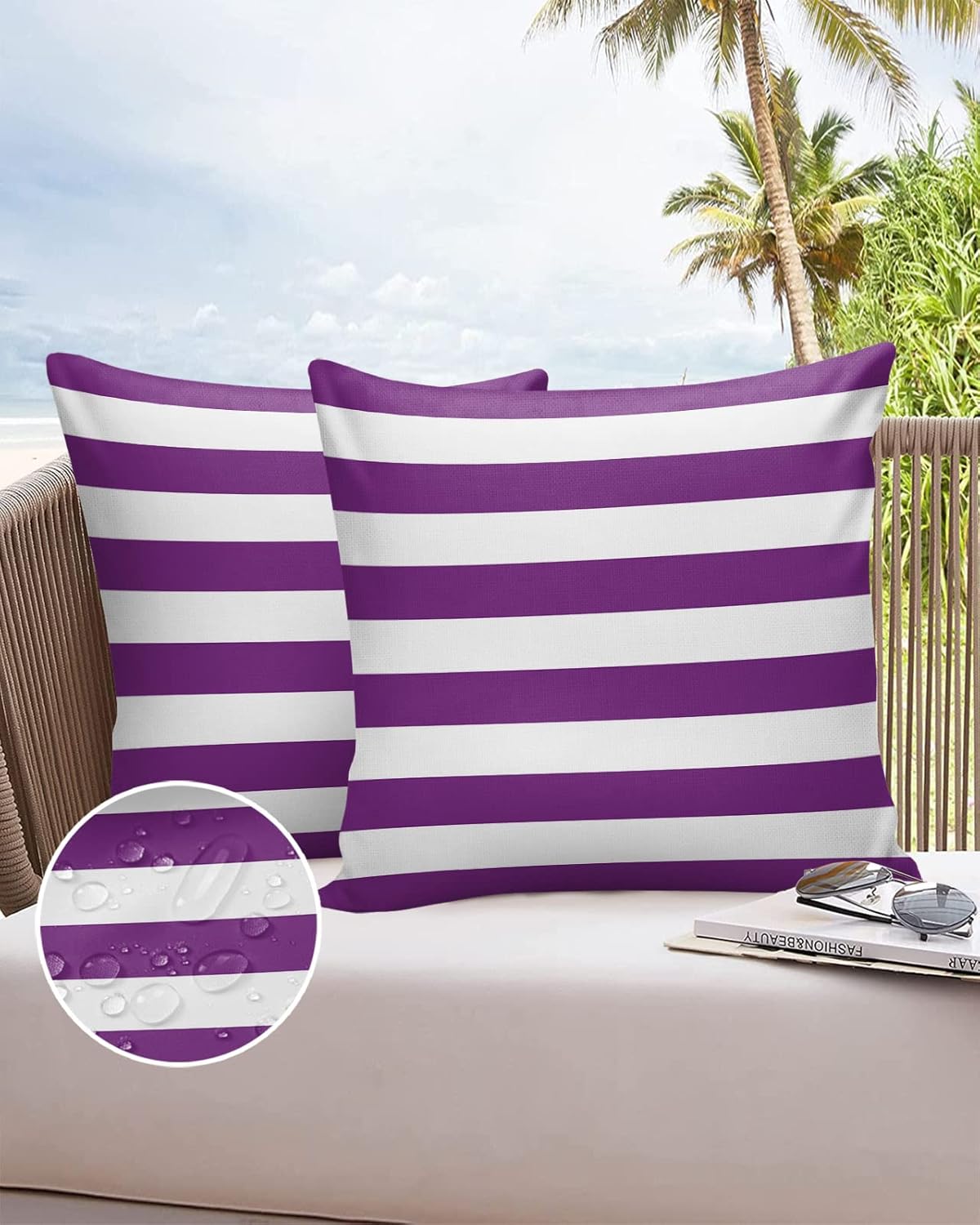 Outdoor Pillow Covers 20x20 Waterproof Polyester Throw Pillow Covers, Purple White Stripes Decorative Pillowcases Garden Cushion Case for Patio Couch Sofa Decoration Set of 2, Simple Geometric