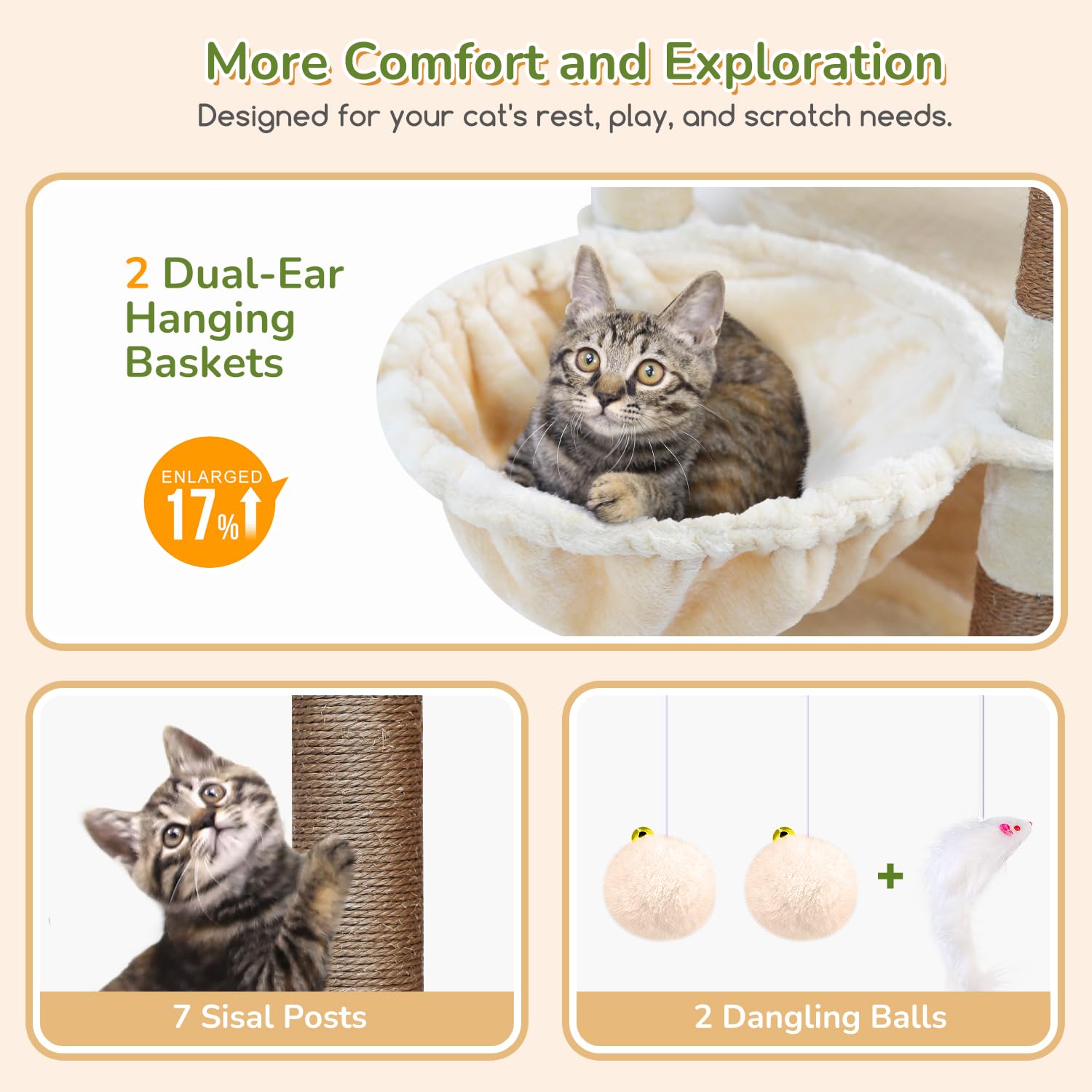 Globlazer Árbol Rascador Beige Grande Alto 188 cm con 2 Grandes Nidos, 48 * 48CM Plataformas Acolchada, 2 Felpa Cesta, Estable Árbol Torre para Grande Gato 3-5 Adulto Gatos Más de 5 kg (S74, Beige)