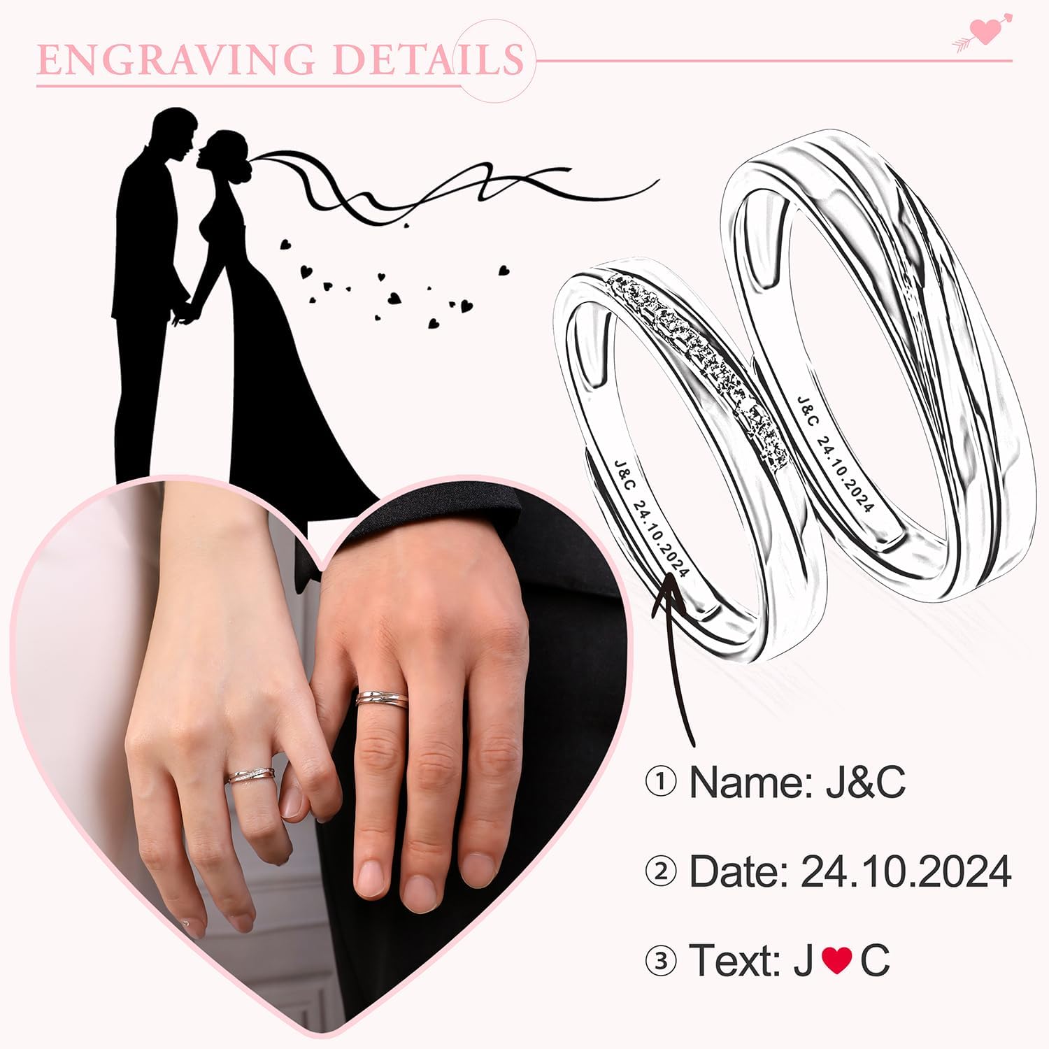 Meissa Intertwined Couples Rings for Men and Women 925 Sterling Silver Wedding Bands Size Adjustable Anniversary Ring Set Promise Ring