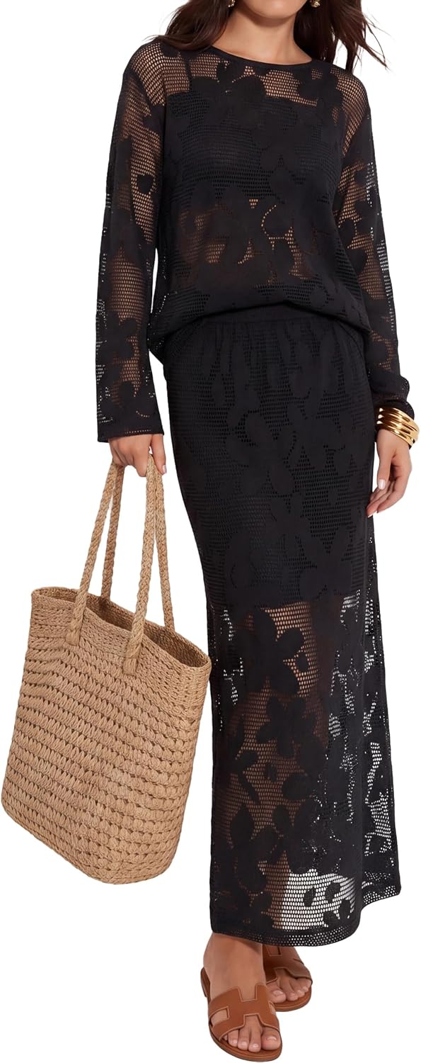 Glamaker Womens Crochet Cover Up 2 Piece Skirt Set Summer Long Sleeve Floral Midi Skirt Sets Travel Vacation Outfits 2026