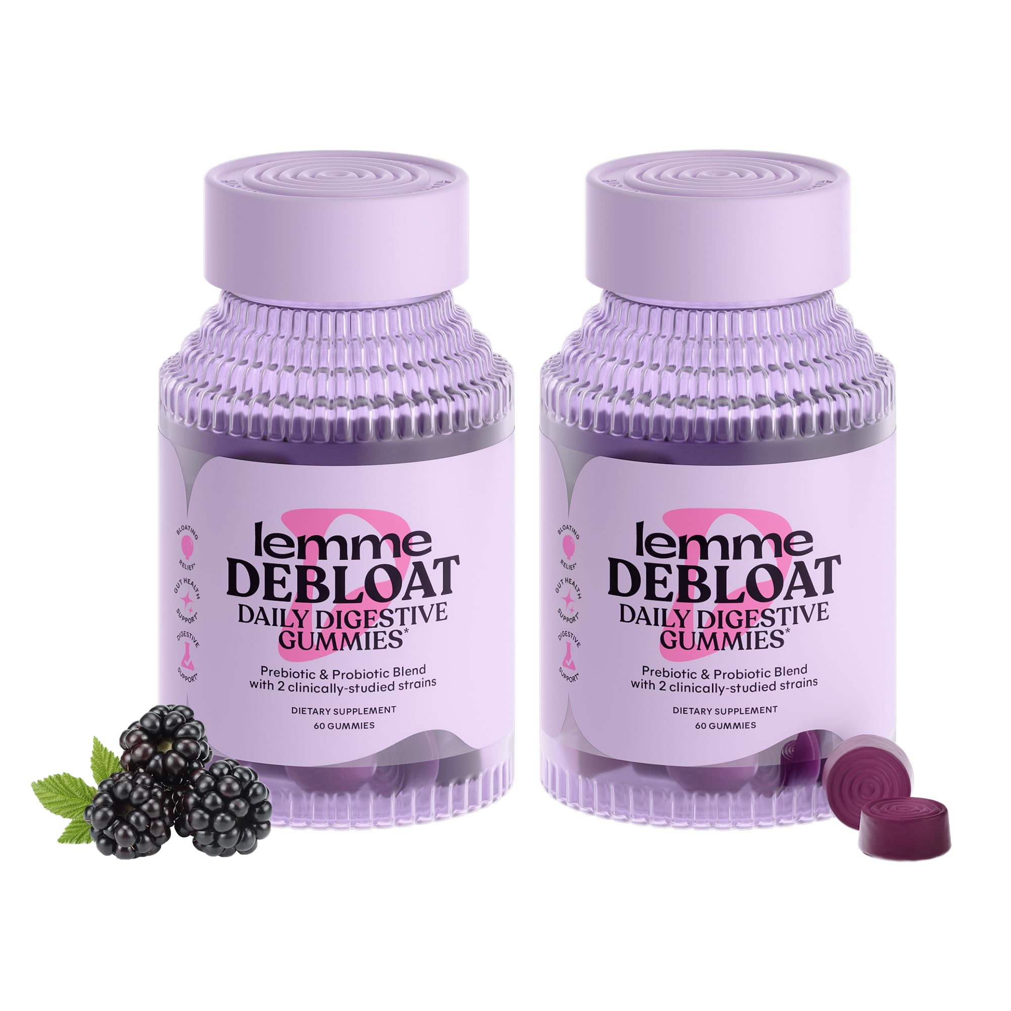 Lemme Debloat Digestive & Gut Health Gummies (60 Gummies) (Pack of 2) | 2 Clinically Studied Probiotics & Prebiotic, Vegetarian, Gluten Free, Non GMO, BlackBerry Flavor