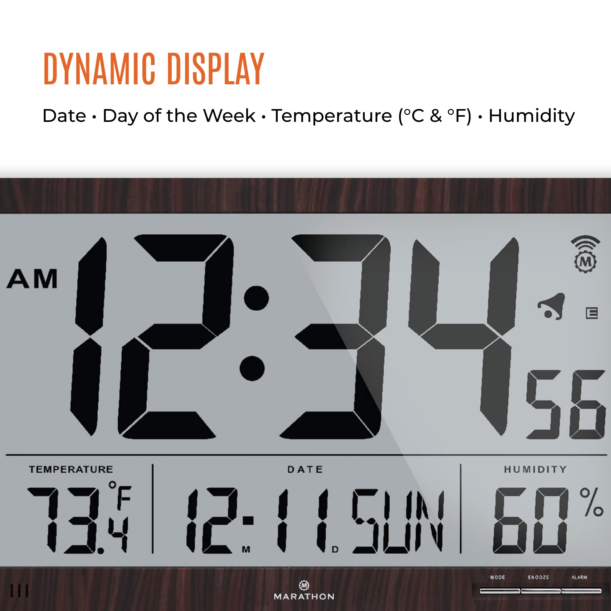 Buy Marathon Slim Jumbo Atomic Wall Clock, Walnut Finish Large, 15Inch Display Alarm, AM/PM
