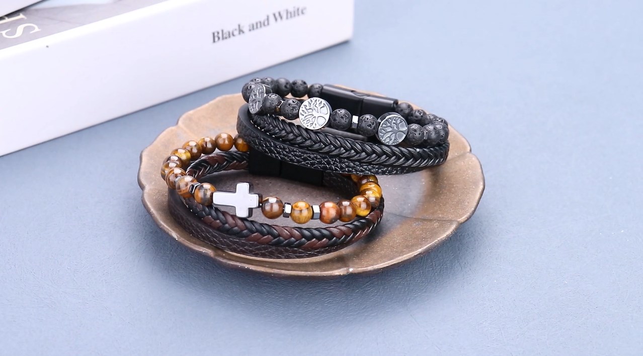 Bracciale Uomo Stainless Steel Pelle Nera Acciaio Inossidabile con