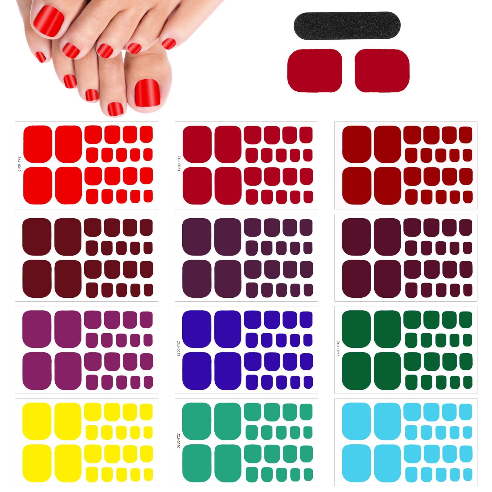 JSRQT 12 Pezzi Adesivi per Smalto per Unghie dei Piedi con Lima Toenail Sticker Tinta Unita Decalcomanie Adesivo Arte DIY per Donne Ragazze