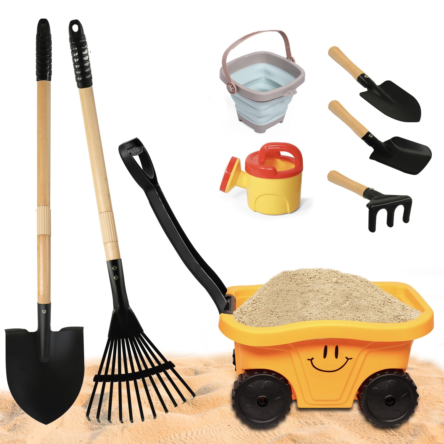 Carro para niños con juego de herramientas de playa y jardín, pala para niños para excavar, rastrillo, 8 piezas de juguetes de jardinería al aire libre para edades de 3 a 4 años