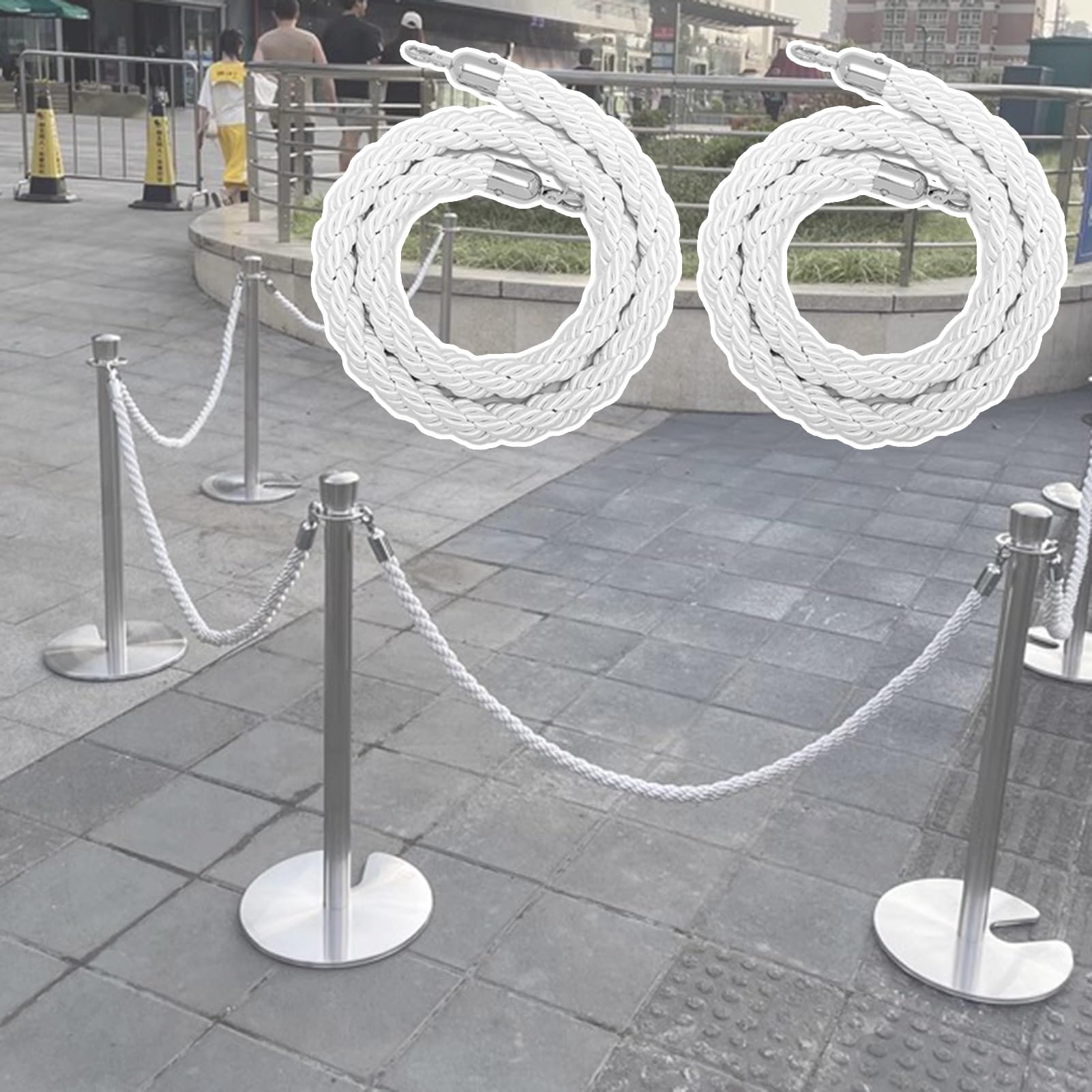 2 cuerdas de 4 pies de cuerda trenzada blanca con hoo plateado para control de multitudes, línea de eventos, acceso VIP y aplicaciones seguras de Ber