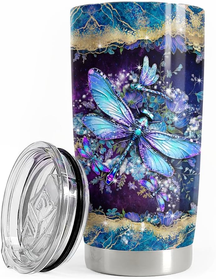 SANDJEST Dragonfly Tumbler 20oz Stainless Steel Insulated Coffee Travel Mug Cup Dragonfly Gifts for Women Girls on Birthday Christmas Mothers Day