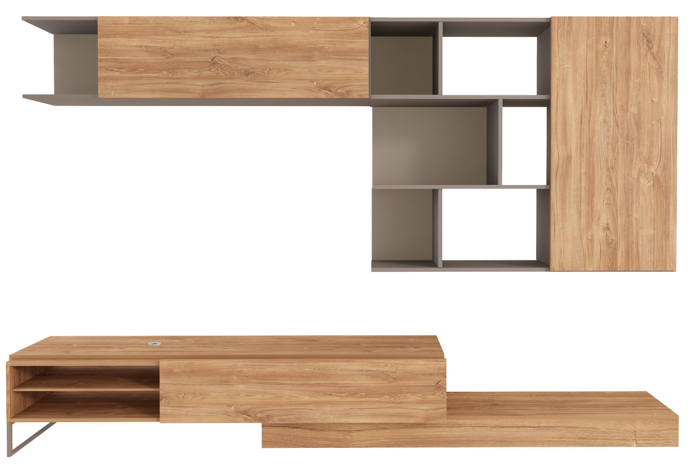 Mobelcenter, Mueble de Salón Enio Reversible, Módulo TV y Módulo Superior, Acabado en Color Roble Kansas y Gris, Medidas: Ancho: 272-309 cm x Fondo: 44 cm x Alto: 102 cm (1648)