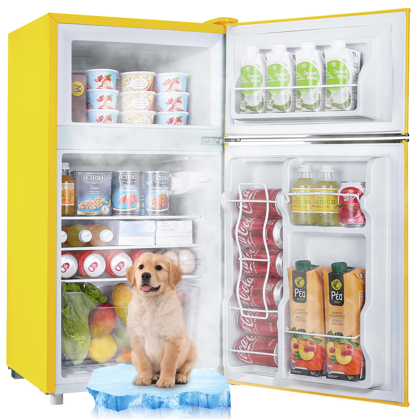 WANAI 3.5 Cu.Ft Retro Refrigerator 2 Door Mini Fridge With Freezer And 2 Handles 7 Level Adjustable Thermostat Control Top-Freezer Refrigerator For Home Dorm Apartment Yellow on Fridge.com - View 1