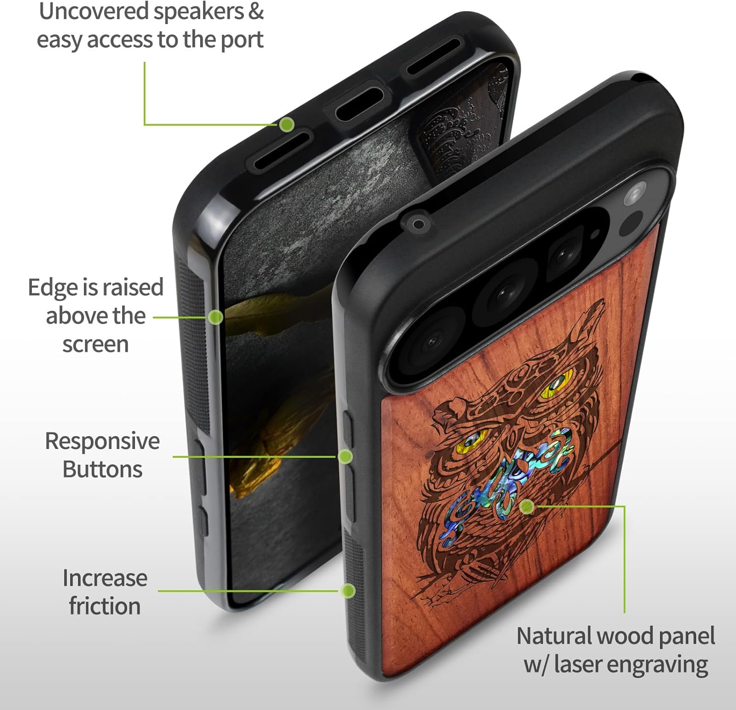 Carveit Magnetic Wooden Case for Google Pixel 10 Pro XL Case, Wood Artisan Engraved & Handmade Shell Inlaid, Compatible with MagSafe Wireless Chargers, an Owl Perched on a Branch - Rosy