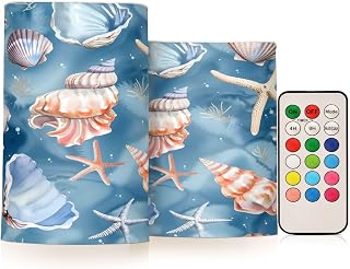 ALAZA Starfish Coral Blue Flameless Candles, LED Pillar Candles with Remote Timer, Battery Operated Candles Set of 2
