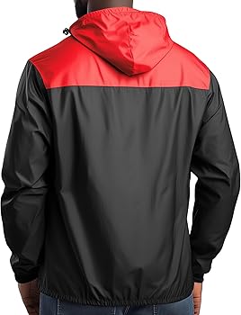 Mens Windbreaker Anorak Style Black Red Contrast Lightweight