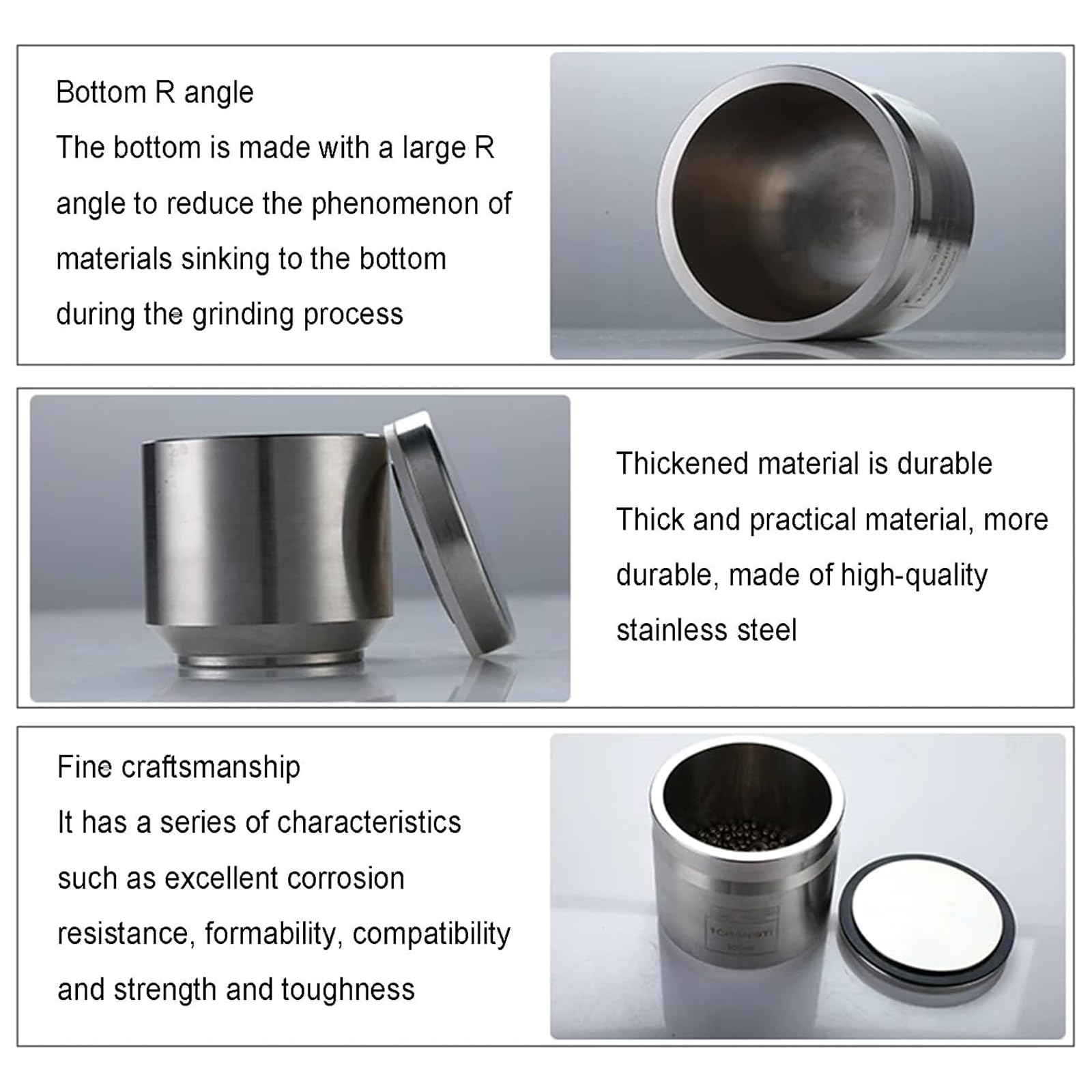 304 Edelstahl Labor Kugelmühle Glas Hohe Härte Mahlbehälter für Nass-/Trockenfräsen einteiliges Design Elektropoliert Keine toten Ecken 50ml-1l Kapazität