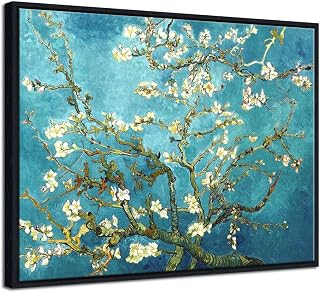 Pyradecor Framed Van Gogh Almond Blossom Canvas Wall Art, Classic Impressionist White Flower Oil Painting Reproduction, Famous Floral Art Print with Black Frame, Ready to Hang for Living Room Bedroom Office Home Decor