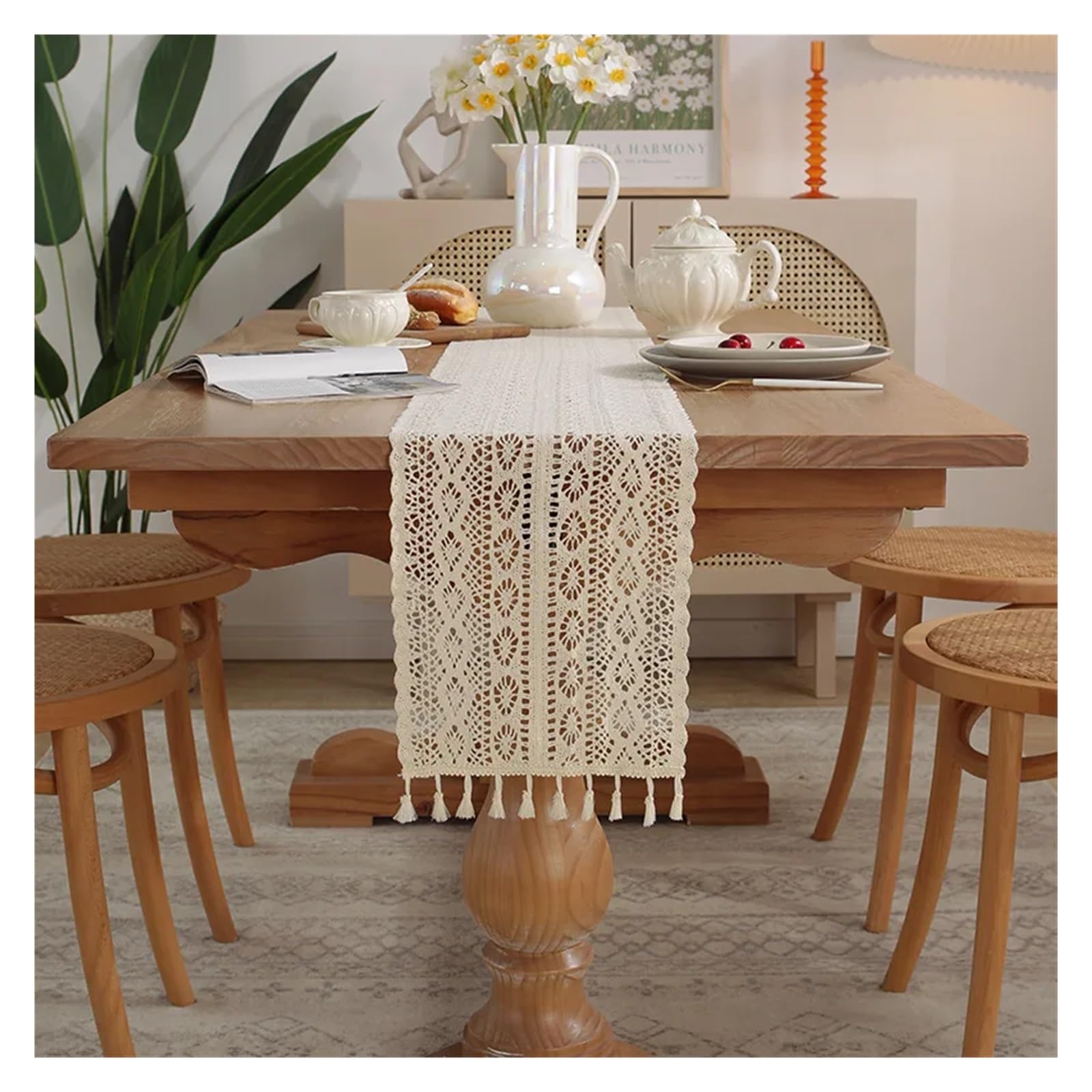 Runner Da Tavola Runner Da Tavolo In Cotone E Pizzo All'uncinetto Con Nappe, Decorazione For La Tavola Di Nozze For Casa(Beige,24X300cm)