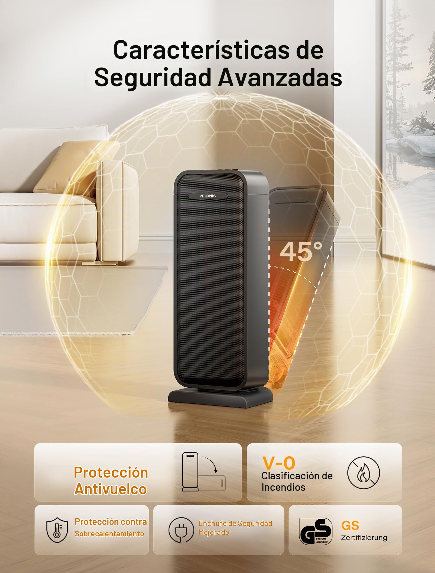 PELONIS Calefactor Eléctrico 2000W Eficiente, Calefactor de Ambiente Compacto Portátil, Cerámica, 2 Ajustes de Termostato, Temporizador 12H, Protección Antivuelco