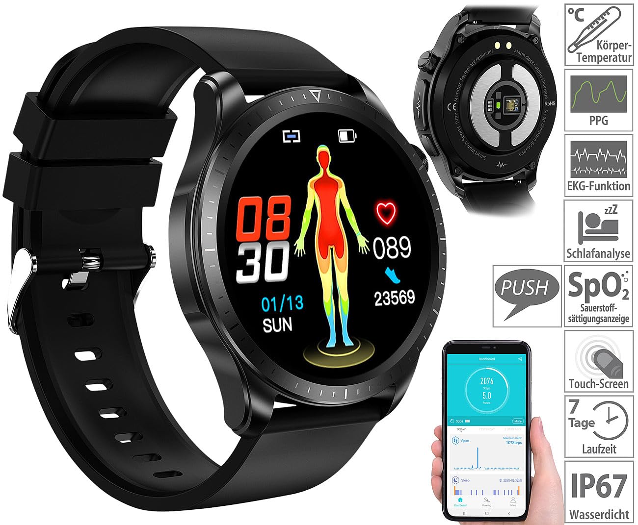 newgen medicals monitor della frequenza cardiaca: Fitness smartwatch con fascia toracica, Display a colori Full-Touch, Contapassi (orologio ECG, smartwatch frequenza cardiaca pressione sanguigna)