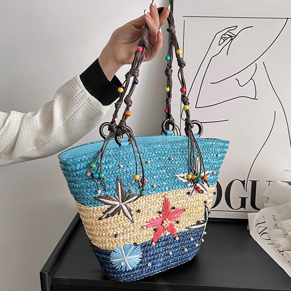 Borsa a tracolla ricamata a mano in paglia bohémien con perline per viaggi