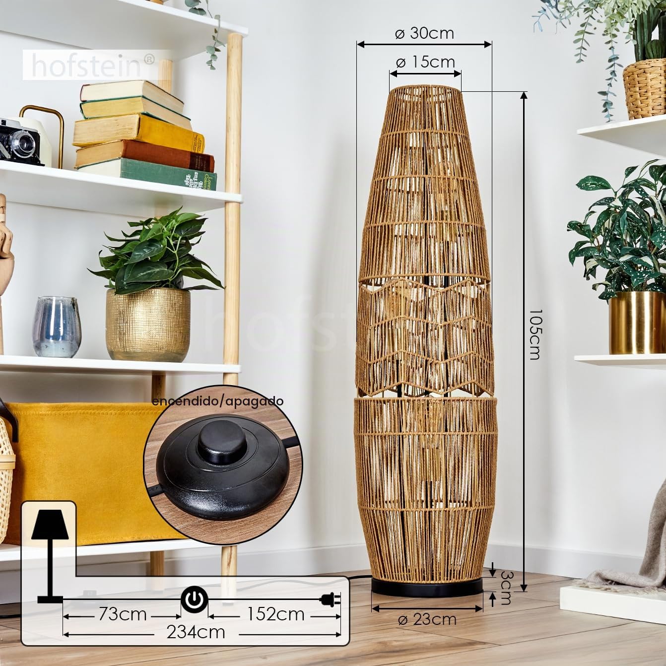 Lámpara de pie Karby, de metal/cuerda en negro/marrón/dorado, diseño boho con pantalla de rejilla (Ø 30 cm), altura 105 cm, interruptor de encendido/apagado en el cable, 3 x E27, sin bombilla