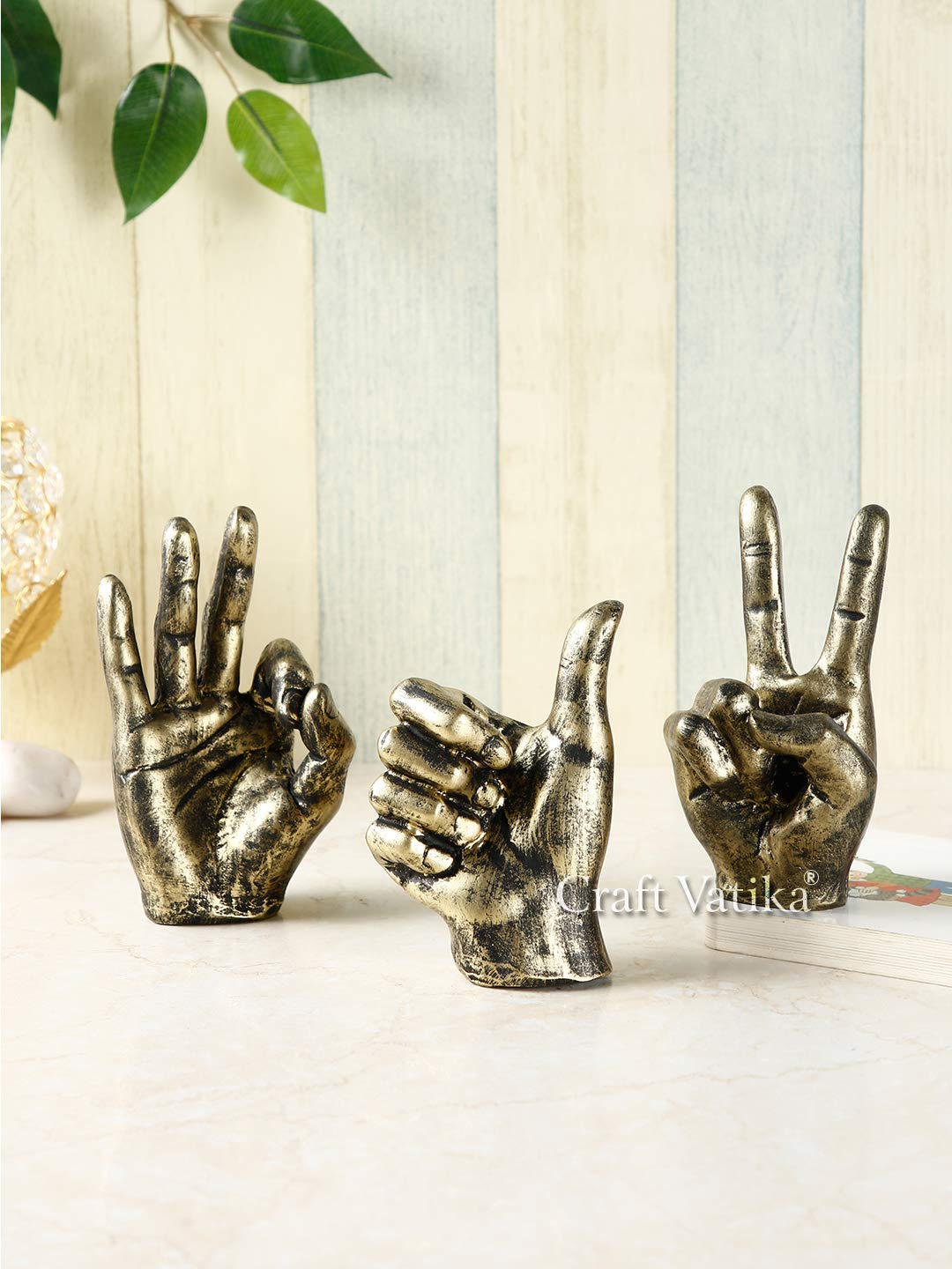 CraftVatikaHand Sign Gesture Showpiece Statue Finger Sculpture Home Office Desk Living Room Table Decor Decorative Gift Item (Pack of 3).